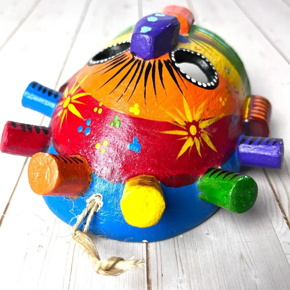 Aya Huma Mask Artisan Crafted Carved Wood Ecuador Bright Colors Rainbow 4.5